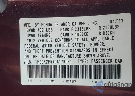 2013 Honda Accord Sport from USA, damaged, VIN 1HGCR2F57DA179091